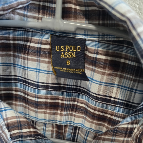 U.S.Polo Association plaid blue and brown button up shirt boys size 8 - Picture 3 of 4